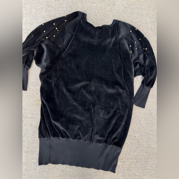 Vintage Black Velour Mini Sweatshirt Dress Banded Bottom Gold Stud Accents - Picture 8 of 8